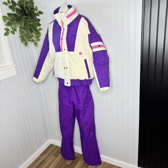 Vintage Sz M 10/12 Purple White Ski Suit Jacket Overall Pants 80s St John’s Bay - Picture 2 of 16